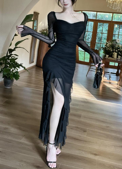 Enchanted Purple Square Neck Chiffon Long Sleeve Bodycon Party Dresses ED02152