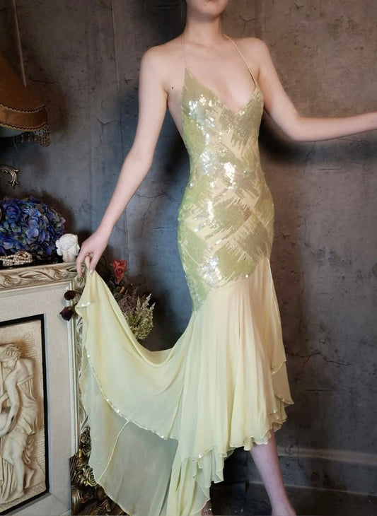 Classic Deep V Spaghetti Straps Sequined Sheath Prom Dresses Elegant Chiffon Backless Evening DressesED02155