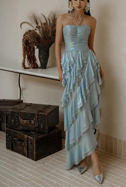 Glitter Ice Blue Halter Neck Chiffon Short Party Dress Gorgeous Layered Chiffon Homecoming Dress ED02159