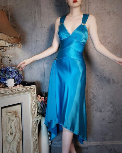 Vintage Blue Satin V Neck Sheath Prom Dresses Backless Party Dress ED02161