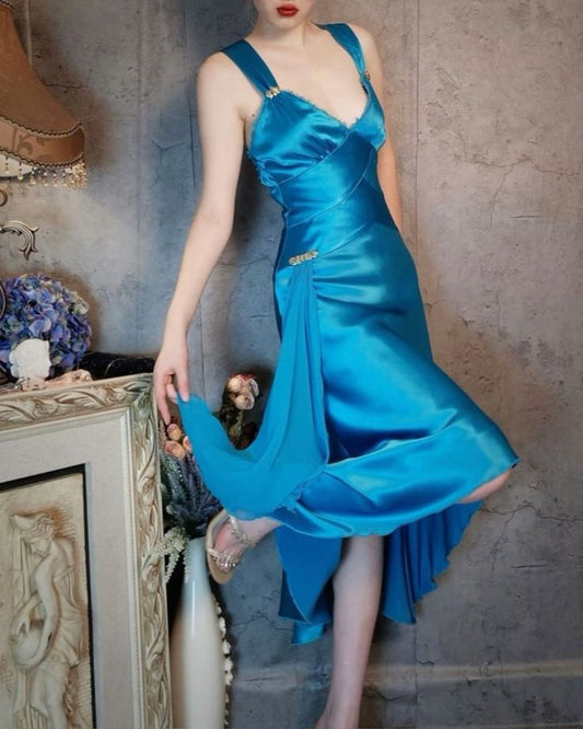 Vintage Blue Satin V Neck Sheath Prom Dresses Backless Party Dress ED02161