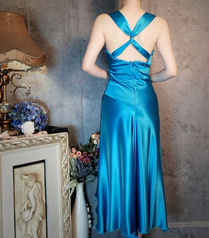 Vintage Blue Satin V Neck Sheath Prom Dresses Backless Party Dress ED02161