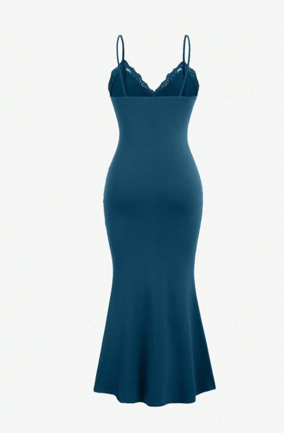 Classic Teal Spaghetti Straps Mermaid Evening Dress Satin Lace Short Party Dress ED02162