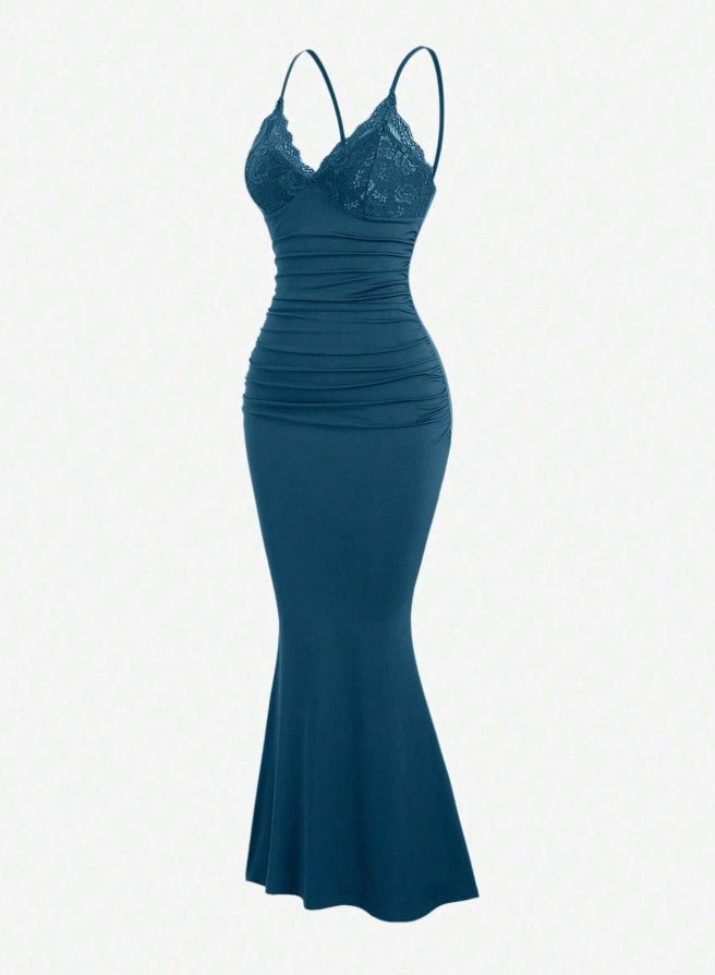 Classic Teal Spaghetti Straps Mermaid Evening Dress Satin Lace Short Party Dress ED02162