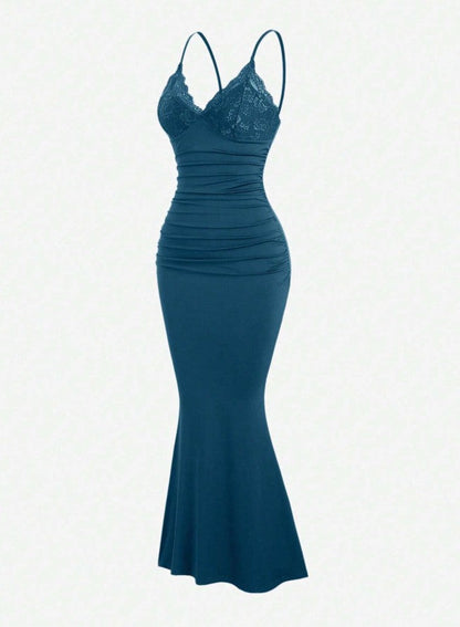 Classic Teal Spaghetti Straps Mermaid Evening Dress Satin Lace Short Party Dress ED02162