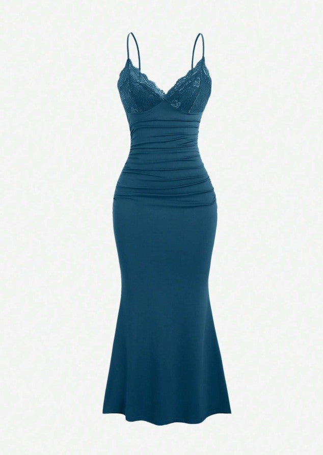 Classic Teal Spaghetti Straps Mermaid Evening Dress Satin Lace Short Party Dress ED02162