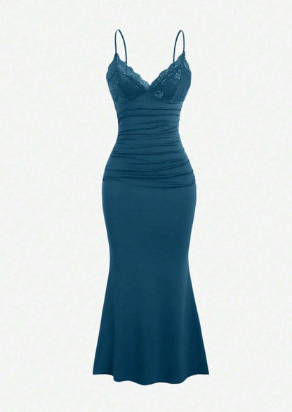 Classic Teal Spaghetti Straps Mermaid Evening Dress Satin Lace Short Party Dress ED02162