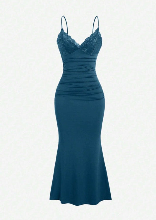 Classic Teal Spaghetti Straps Mermaid Evening Dress Satin Lace Short Party Dress ED02162