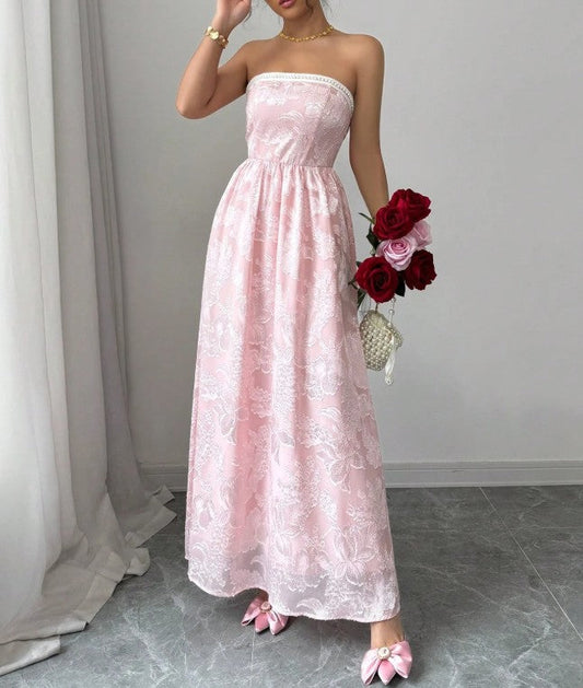 Cute Pink Strapless Jacquard Bridesmaid Dress A-Line Backless Evening Dress ED02163