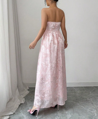 Cute Pink Strapless Jacquard Bridesmaid Dress A-Line Backless Evening Dress ED02163