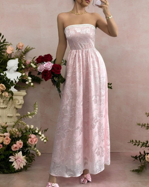 Cute Pink Strapless Jacquard Bridesmaid Dress A-Line Backless Evening Dress ED02163