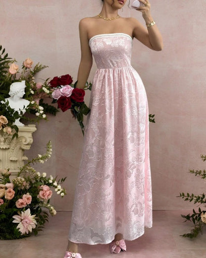 Cute Pink Strapless Jacquard Bridesmaid Dress A-Line Backless Evening Dress ED02163