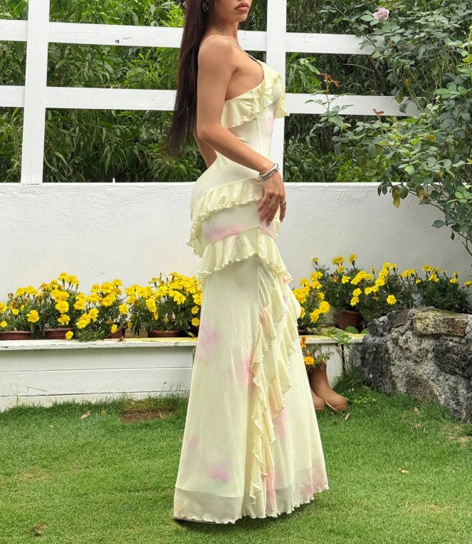 Sexy Yellow V-Neck Sheath Chiffon Ruffle Spaghetti Straps Party Dress ED02164