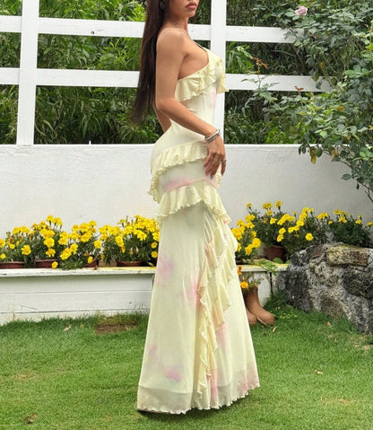 Sexy Yellow V-Neck Sheath Chiffon Ruffle Spaghetti Straps Party Dress ED02164