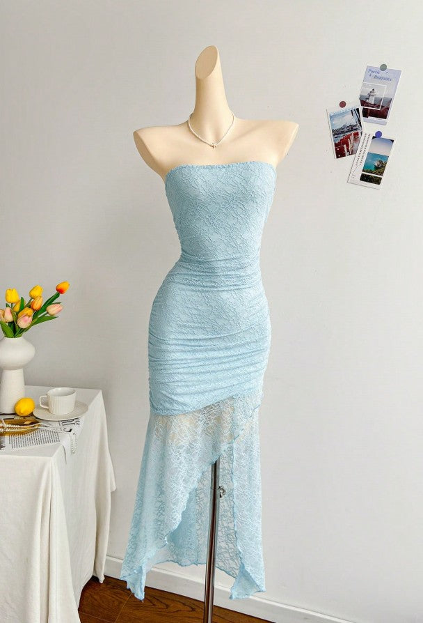 Gorgeous Royal Blue Lace Bodycon Short Party Dress Strapless Backless Evening Dress ED02165