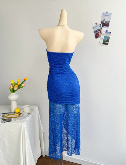 Gorgeous Royal Blue Lace Bodycon Short Party Dress Strapless Backless Evening Dress ED02165