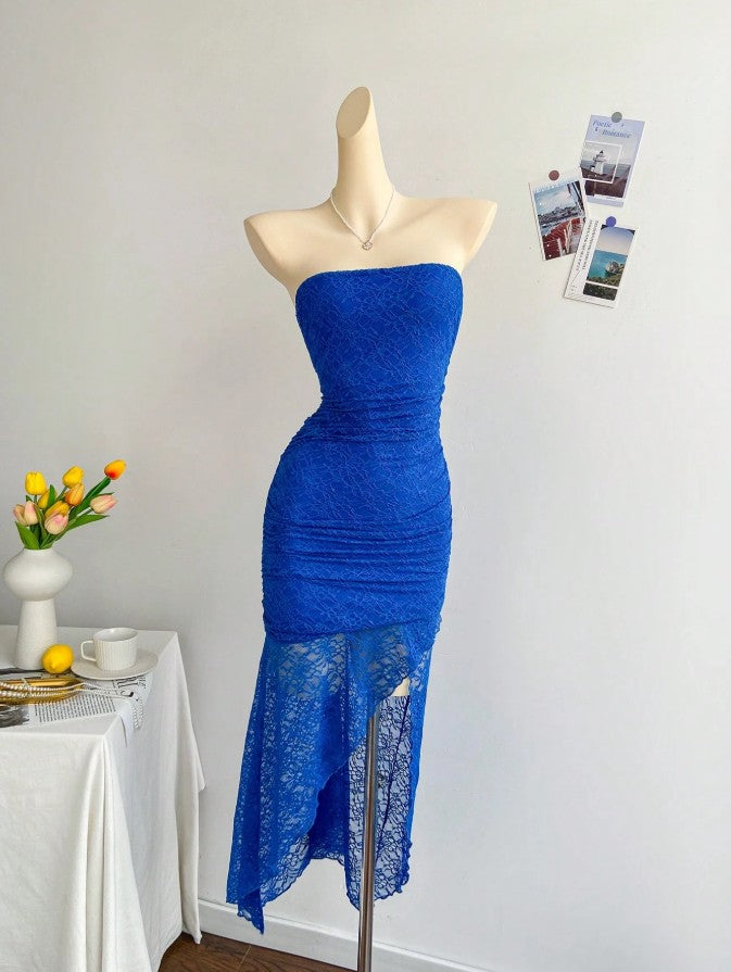 Gorgeous Royal Blue Lace Bodycon Short Party Dress Strapless Backless Evening Dress ED02165