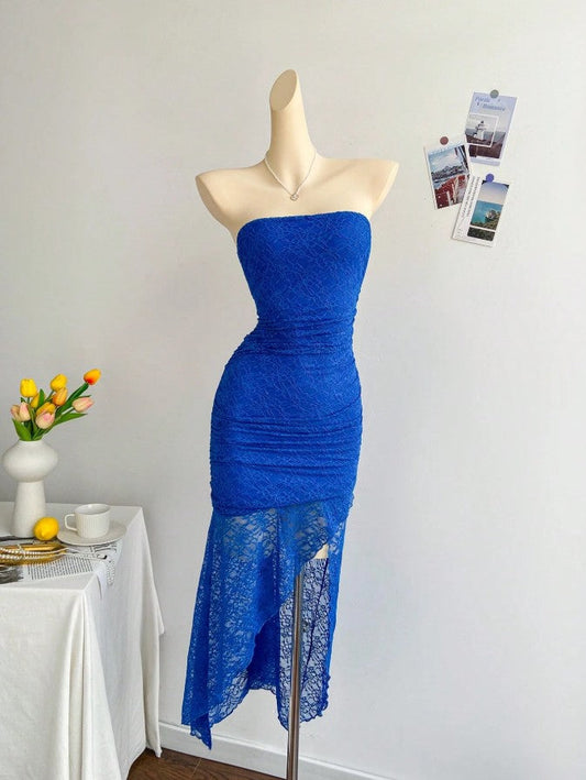 Gorgeous Royal Blue Lace Bodycon Short Party Dress Strapless Backless Evening Dress ED02165