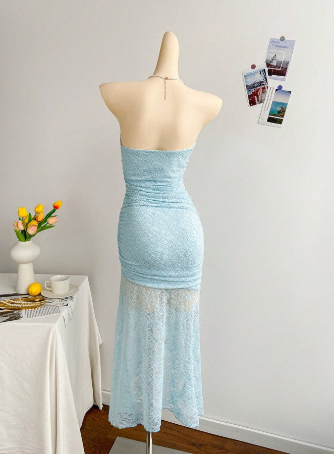 Gorgeous Royal Blue Lace Bodycon Short Party Dress Strapless Backless Evening Dress ED02165