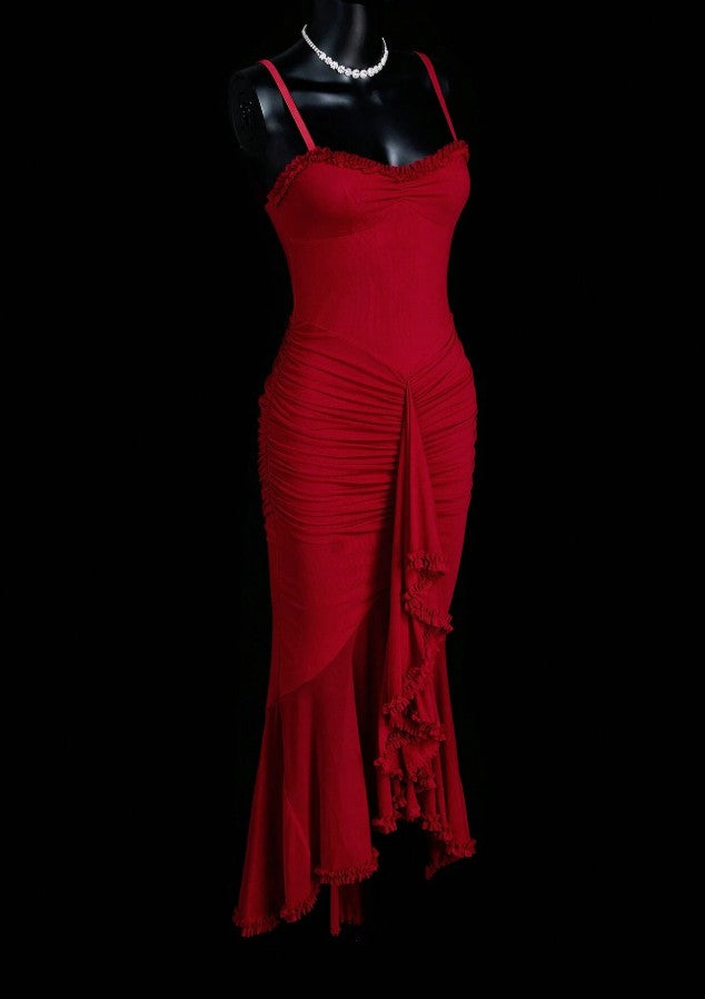 Classic Red Chiffon Spaghetti Straps Mermaid Party Dresses ED02166