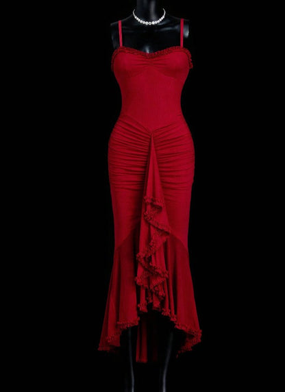 Classic Red Chiffon Spaghetti Straps Mermaid Party Dresses ED02166
