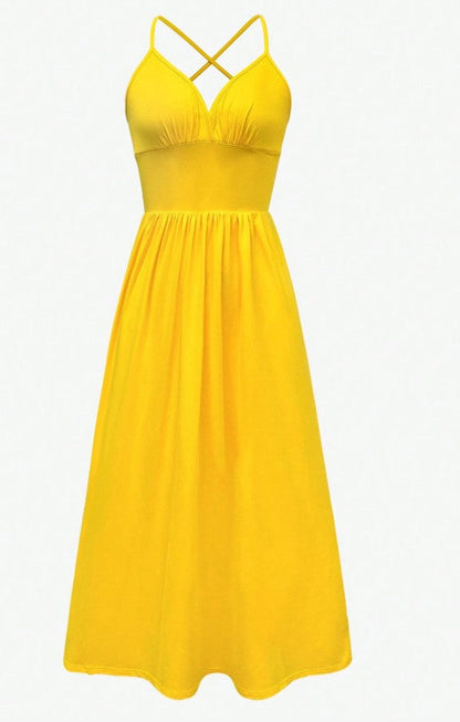 Sexy Yellow Spaghetti Straps Satin A-Line Sleeveless Party Dresses with Slits ED02167