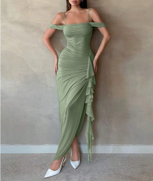 Chic Sage Green Spaghetti Strap Sheath Chiffon Ruffles Evening Dress ED02168