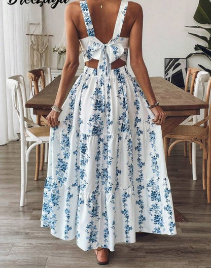 Pretty Floral Strap Women's Dress Bow Backless Birthday DressED02171