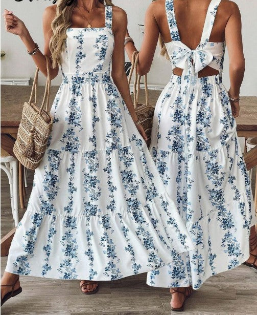 Pretty Floral Strap Women's Dress Bow Backless Birthday DressED02171