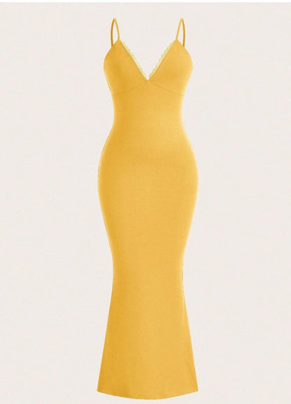 Yellow Spaghetti Strap Bodycon V Neck Party Dress ED02172