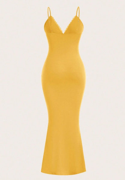 Yellow Spaghetti Strap Bodycon V Neck Party Dress ED02172