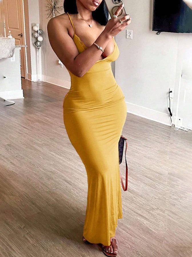 Yellow Spaghetti Strap Bodycon V Neck Party Dress ED02172