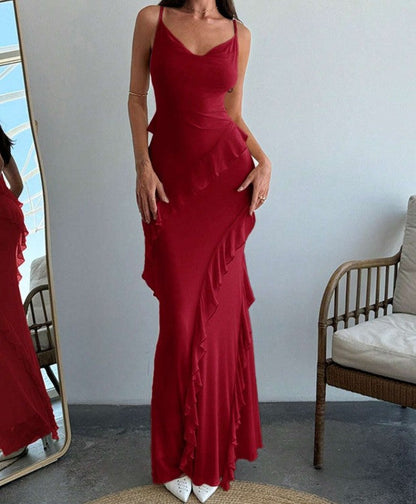 Classic Red Spaghetti Straps Mermaid Party Dress Chiffon Ruffle Evening Dress ED02173