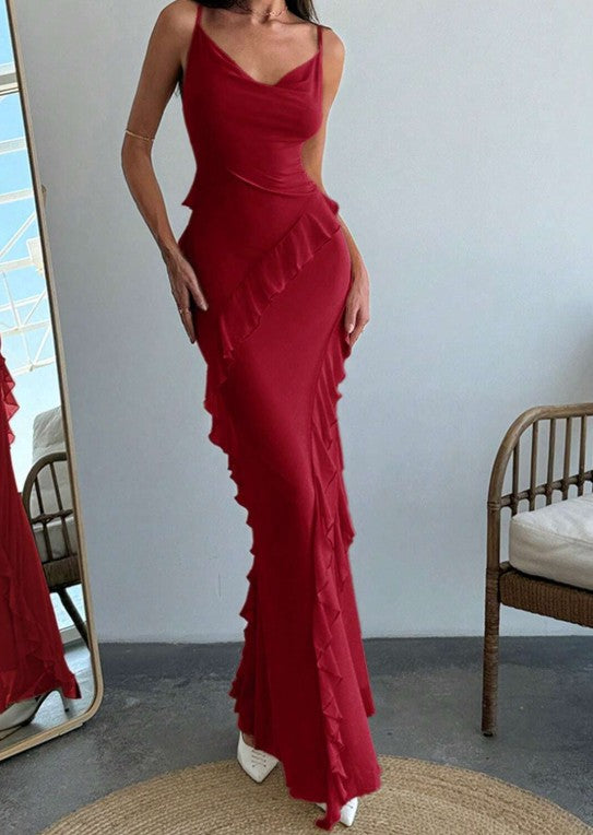 Classic Red Spaghetti Straps Mermaid Party Dress Chiffon Ruffle Evening Dress ED02173