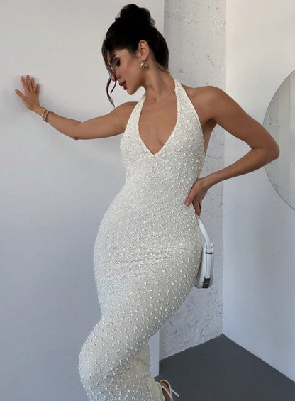 Sexy Off-White Lace Halter Bodycon Evening Dress Backless Fashion Party Dress ED02176