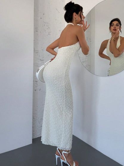 Sexy Off-White Lace Halter Bodycon Evening Dress Backless Fashion Party Dress ED02176