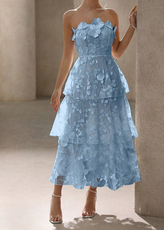Blue Strapless Tulle Embroidered Applique A-Line Vintage Wedding Dress Elegant Bridesmaid Dress ED02182
