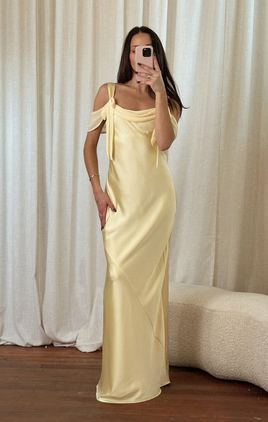 Elegant Off-the-shoulder Satin Sheath Party Dress Butter Yellow Formal Evening Dress ED02186