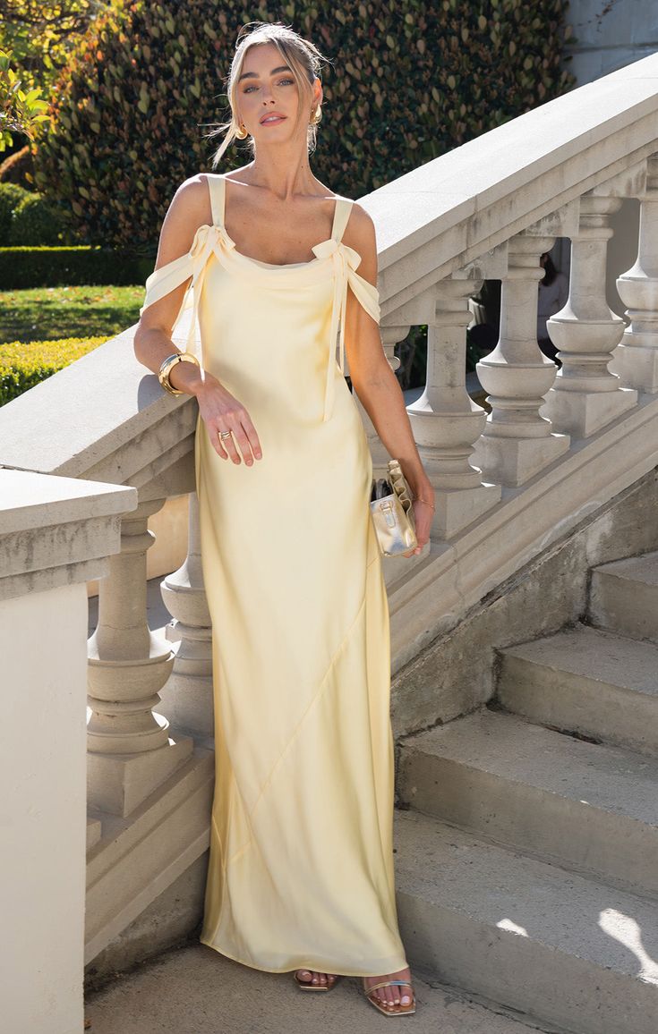 Elegant Off-the-shoulder Satin Sheath Party Dress Butter Yellow Formal Evening Dress ED02186