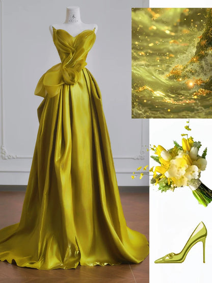 Chic Yellow Satin Sweetheart Neck A-Line Wedding Dress Gorgeous Formal Evening Gowns ED02189