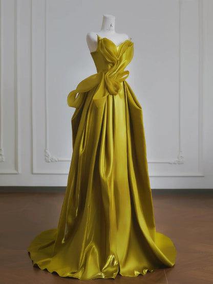 Chic Yellow Satin Sweetheart Neck A-Line Wedding Dress Gorgeous Formal Evening Gowns ED02189