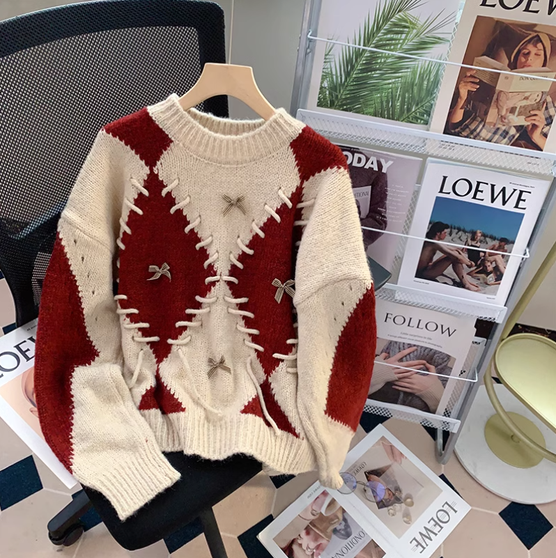 Retro diamond contrast long sleeve sweater ED0218