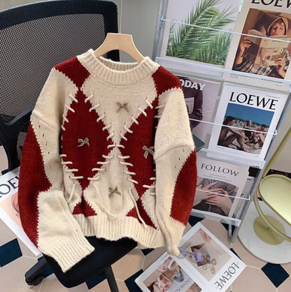 Retro diamond contrast long sleeve sweater ED0218