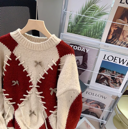 Retro diamond contrast long sleeve sweater ED0218