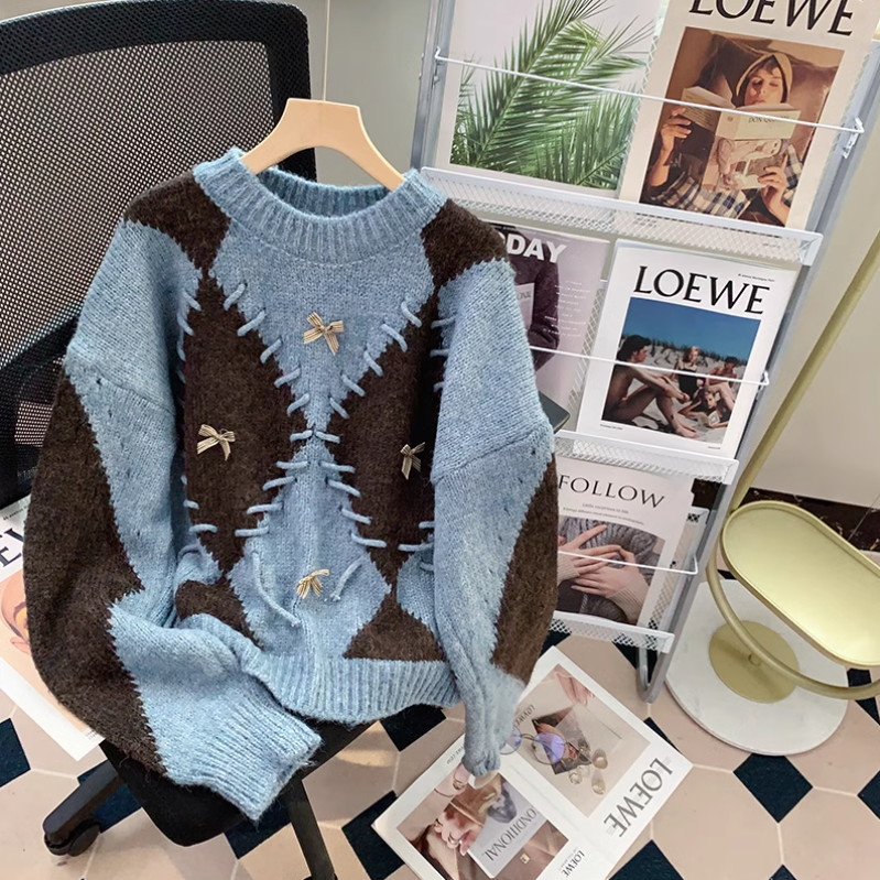 Retro diamond contrast long sleeve sweater ED0218