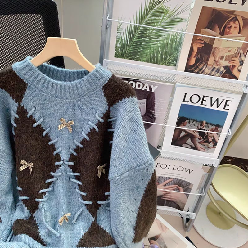 Retro diamond contrast long sleeve sweater ED0218