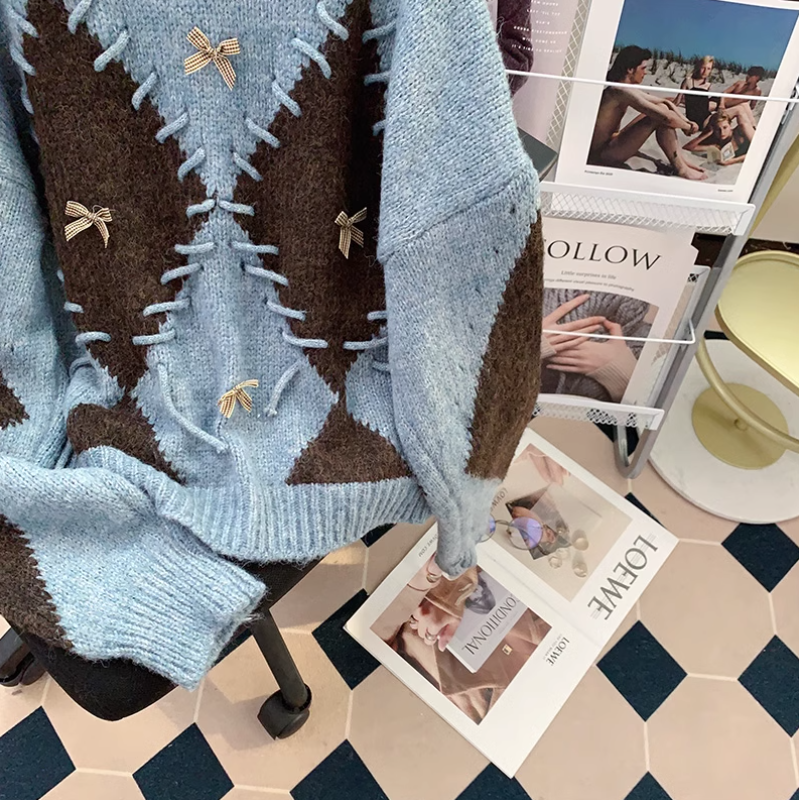 Retro diamond contrast long sleeve sweater ED0218