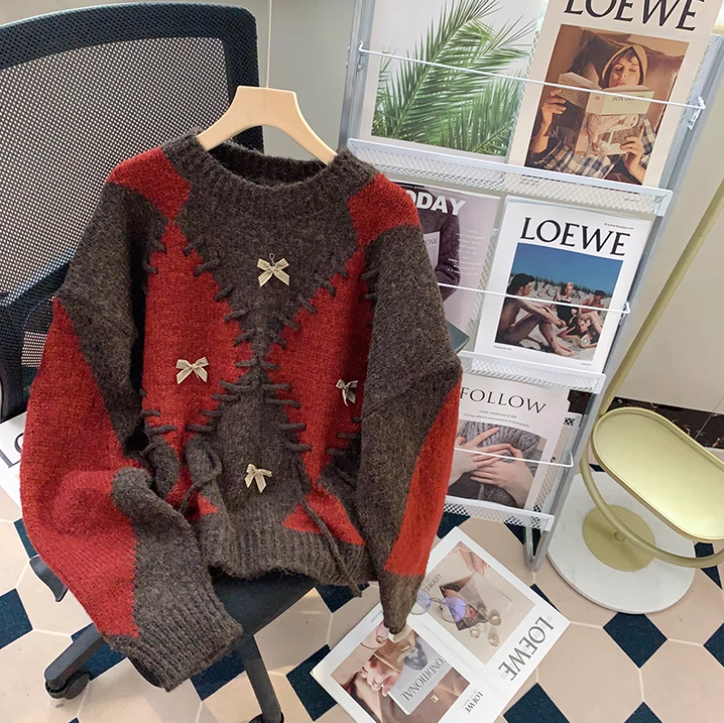 Retro diamond contrast long sleeve sweater ED0218