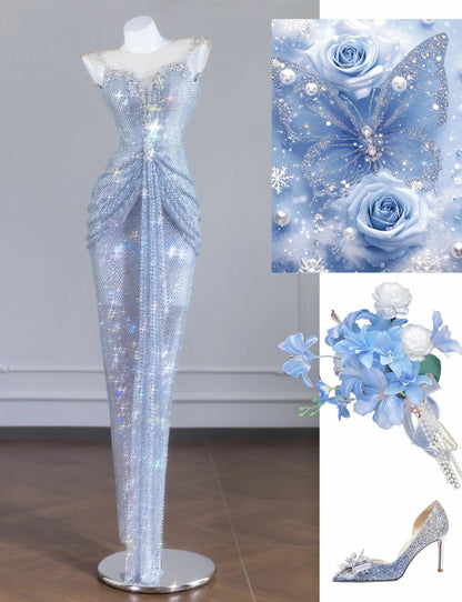 Glittering Rhinestone Spaghetti Strap Bodycon Evening Gowns Gorgeous Long Prom Dresses ED02190