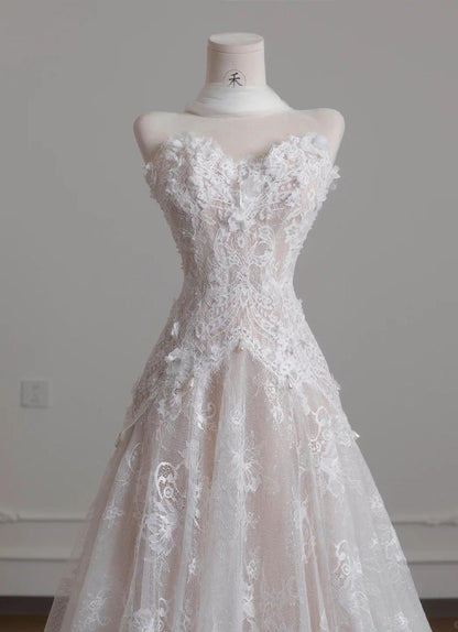 White Strapless Tulle Lace Vintage Wedding Dress Gorgeous A-Line Long Prom Dresses ED02191